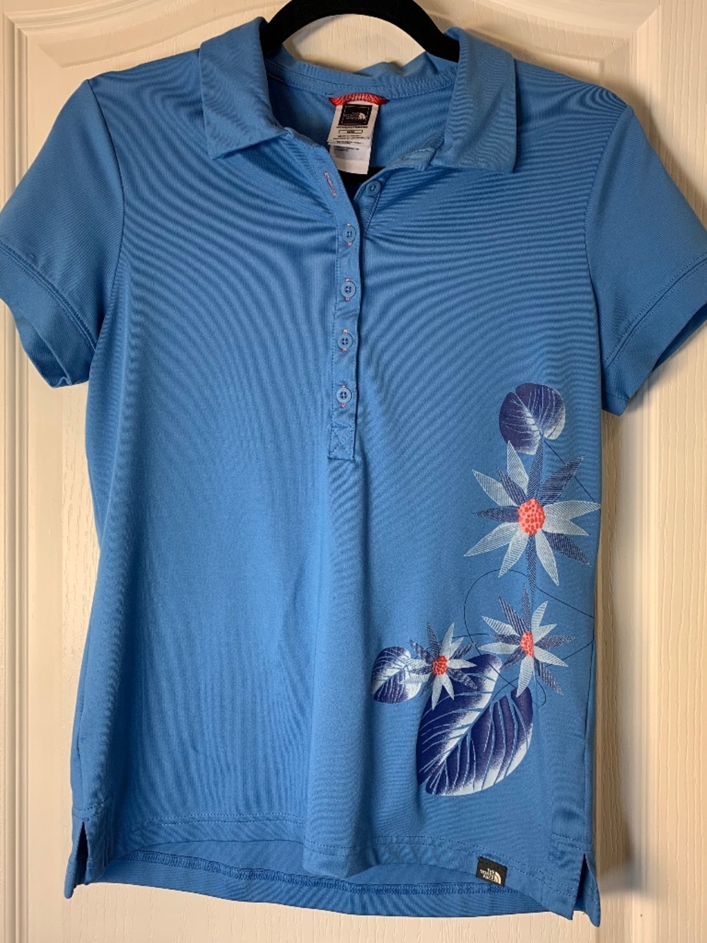 North Face VaporWick Blue Floral Athletic Golf Travel Outdoor Polo Top Women's M
